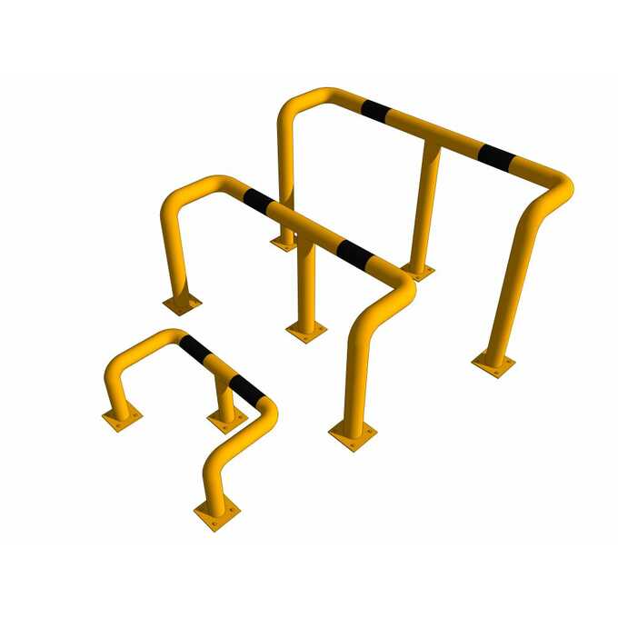 Odbojnica U3 wkonana w kolorze żółto – czarnym o wymiarach szeroość 800 głębokość 300mm, wysokość nad ziemią 600 mm, średnica 76 mm