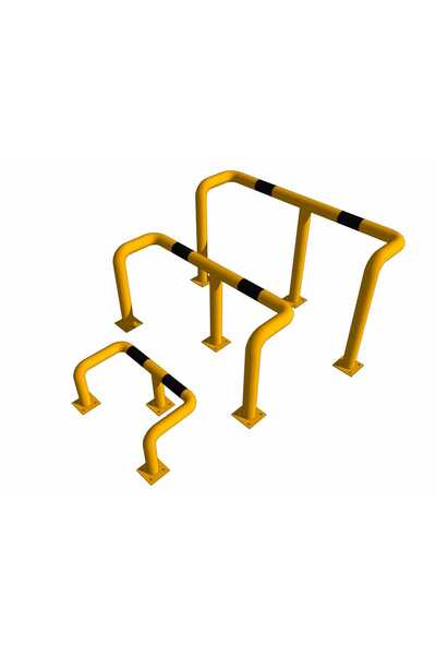 Odbojnica U3 wkonana w kolorze żółto – czarnym o wymiarach szeroość 800 głębokość 300mm, wysokość nad ziemią 600 mm, średnica 76 mm